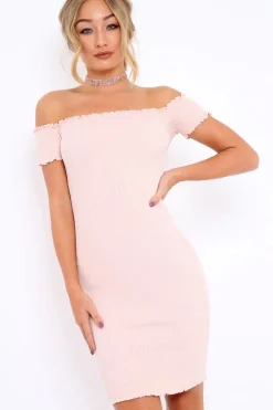 Rebellious Fashion Nude Ribbed Frill Hem Bardot Bodycon Dress - Kamille