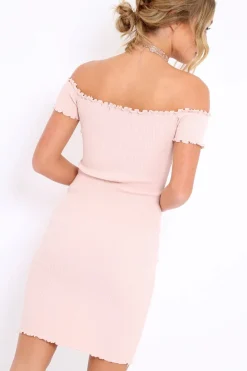 Rebellious Fashion Nude Ribbed Frill Hem Bardot Bodycon Dress - Kamille