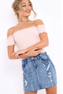 Rebellious Fashion Nude Ribbed Frill Hem Bardot Crop Top - Adelle