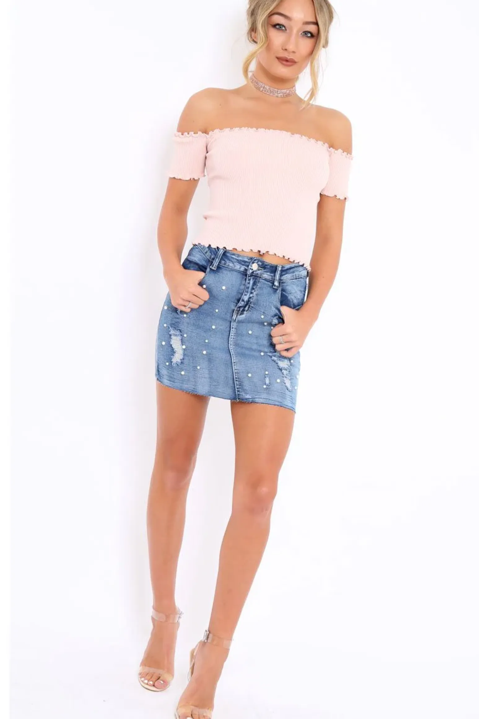 Rebellious Fashion Nude Ribbed Frill Hem Bardot Crop Top - Adelle