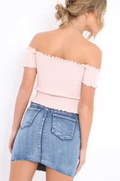 Rebellious Fashion Nude Ribbed Frill Hem Bardot Crop Top - Adelle