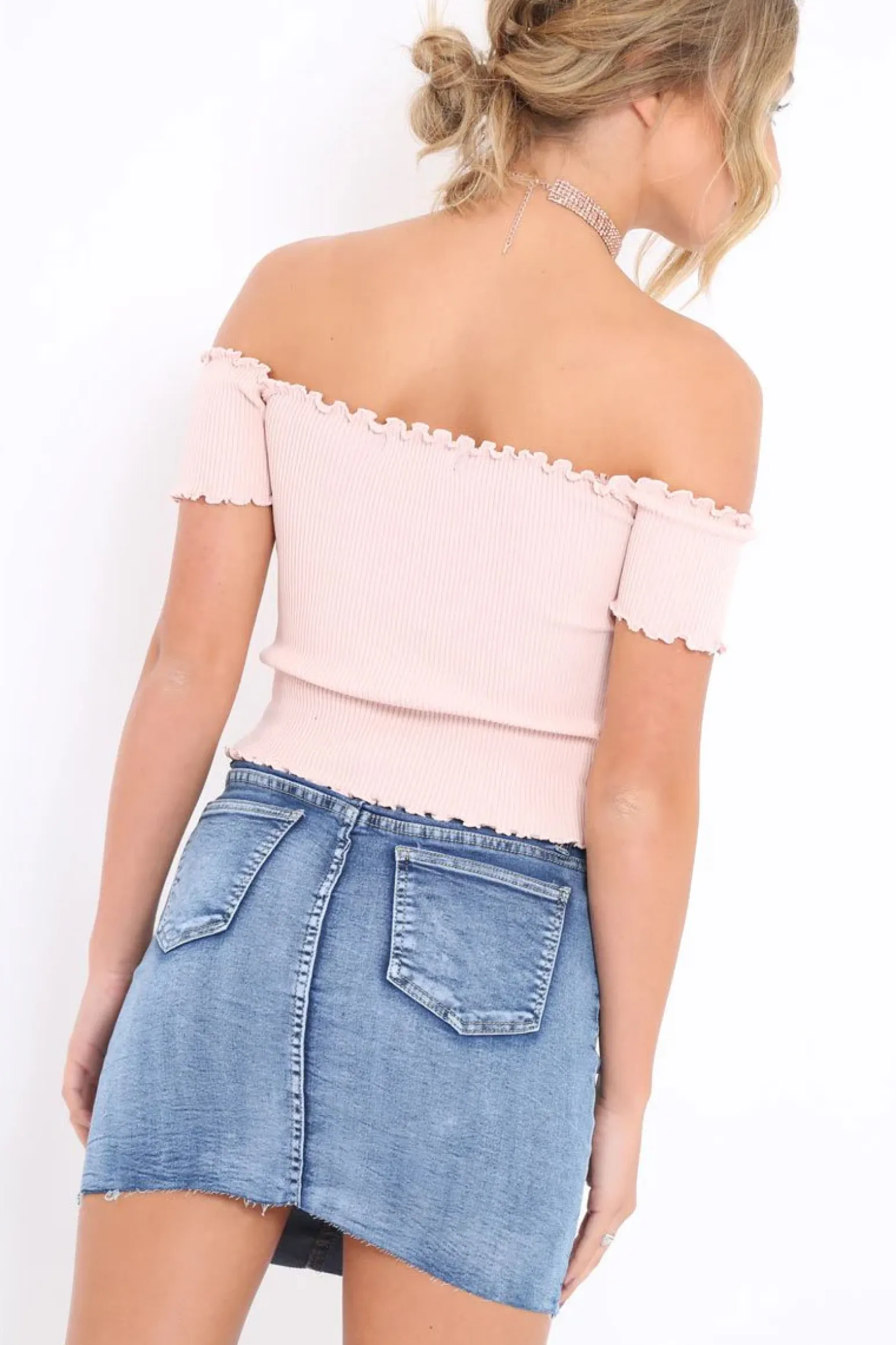 Rebellious Fashion Nude Ribbed Frill Hem Bardot Crop Top - Adelle