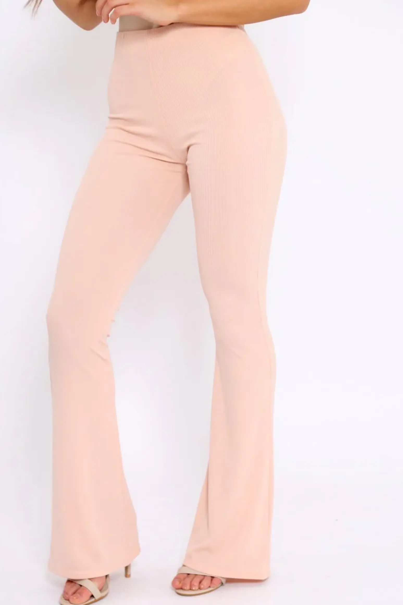 Rebellious Fashion Nude Ribbed Kick Flare Trousers - Chlo