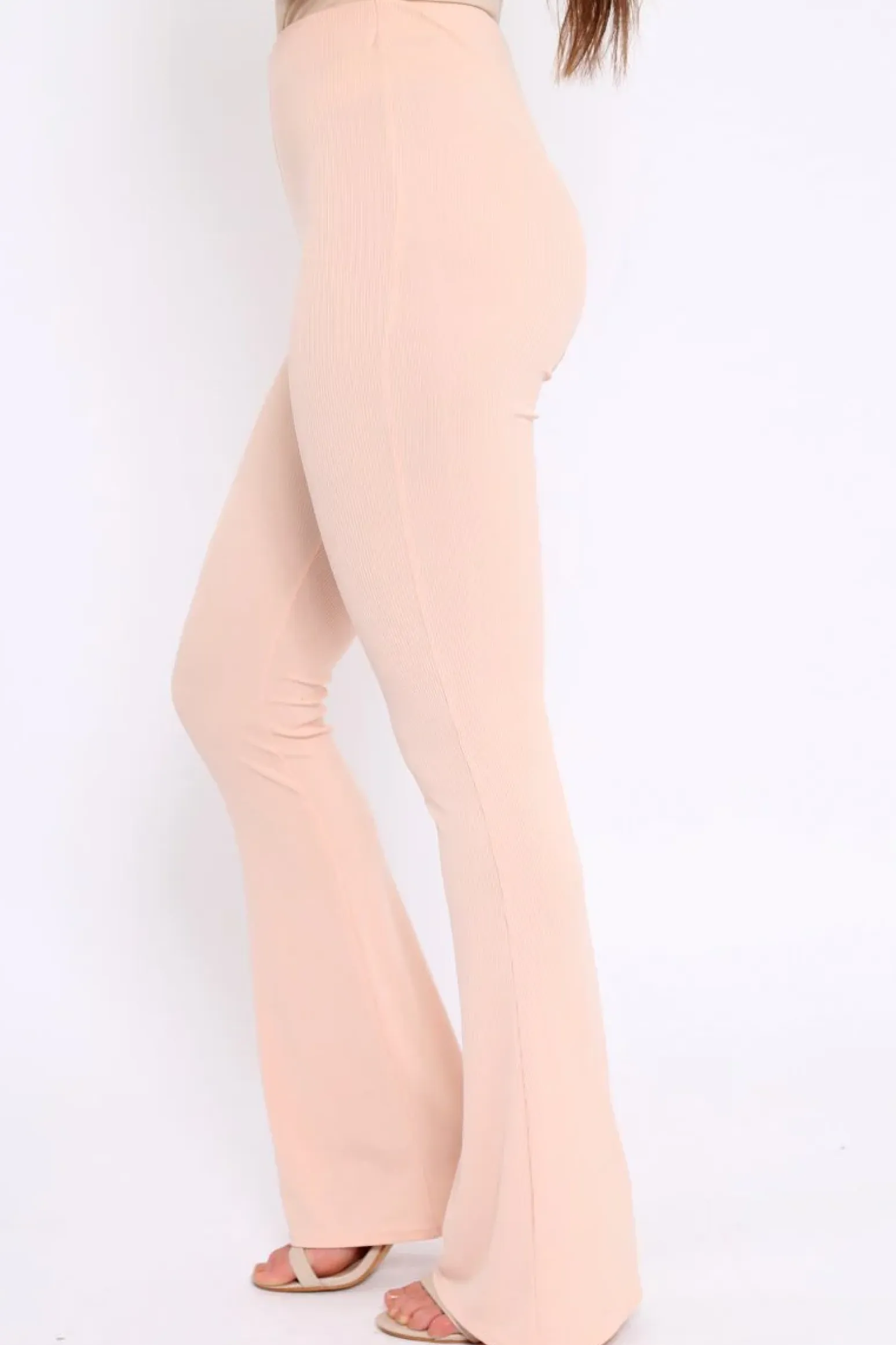 Rebellious Fashion Nude Ribbed Kick Flare Trousers - Chlo
