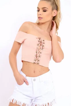 Rebellious Fashion Nude Ribbed Lace Up Bardot Crop Top - Arianna