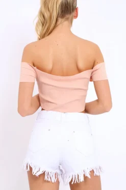 Rebellious Fashion Nude Ribbed Lace Up Bardot Crop Top - Arianna