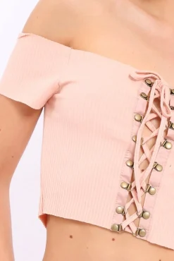 Rebellious Fashion Nude Ribbed Lace Up Bardot Crop Top - Arianna
