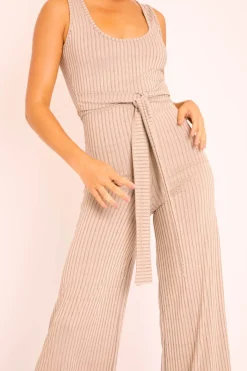 Rebellious Fashion Nude Ribbed Zip Back Belted Jumpsuit - Indiya