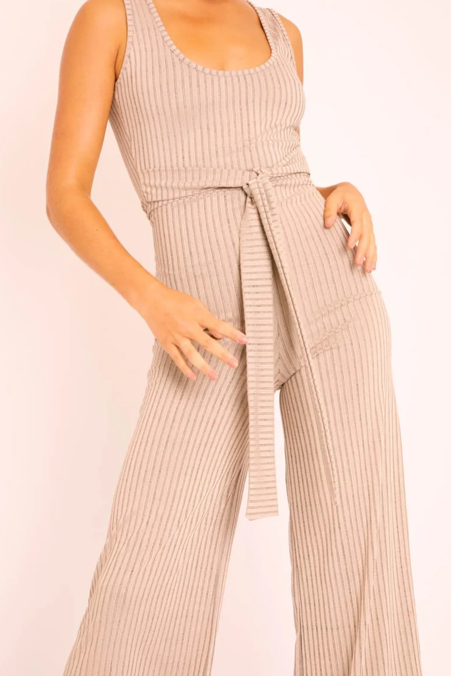Rebellious Fashion Nude Ribbed Zip Back Belted Jumpsuit - Indiya