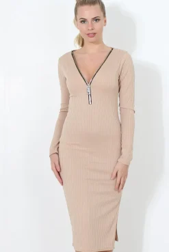 Rebellious Fashion Nude ribbed Zip front midi dress- Kacee