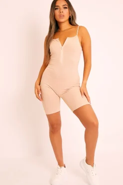 Rebellious Fashion Nude Ribbed Zip Front Unitard Playsuit - Lanay