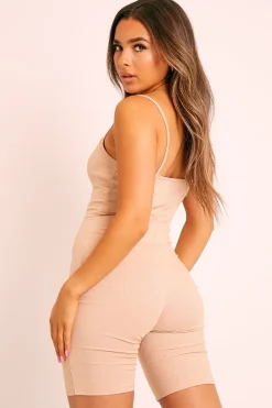 Rebellious Fashion Nude Ribbed Zip Front Unitard Playsuit - Lanay