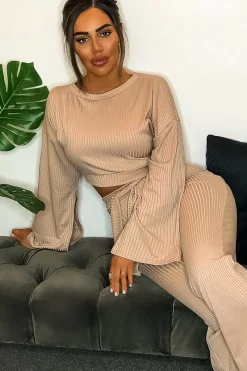 Rebellious Fashion Nude Rib Crop Jumper Tie Wide Leg Trousers Loungewear Co-Ord - Mirabel