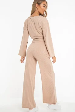 Rebellious Fashion Nude Rib Crop Jumper Tie Wide Leg Trousers Loungewear Co-Ord - Mirabel