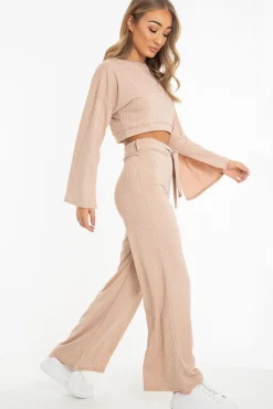 Rebellious Fashion Nude Rib Crop Jumper Tie Wide Leg Trousers Loungewear Co-Ord - Mirabel