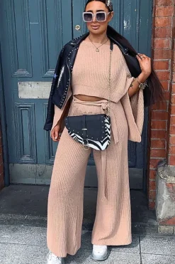 Rebellious Fashion Nude Rib Crop Jumper Tie Wide Leg Trousers Loungewear Co-Ord - Mirabel