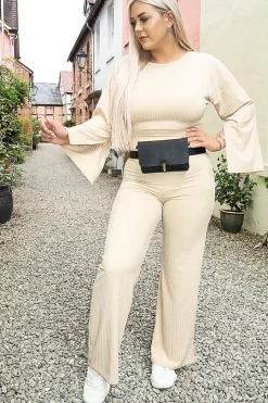 Rebellious Fashion Nude Rib Crop Jumper Tie Wide Leg Trousers Loungewear Co-Ord - Mirabel