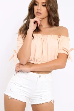 Rebellious Fashion Nude Ruched Bardot Gypsy Crop Top - Janette