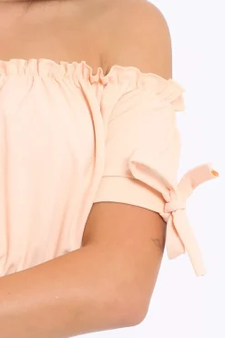 Rebellious Fashion Nude Ruched Bardot Gypsy Crop Top - Janette