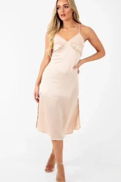 Rebellious Fashion Nude Satin Cami Strap Satin Midi Dress - Sadia