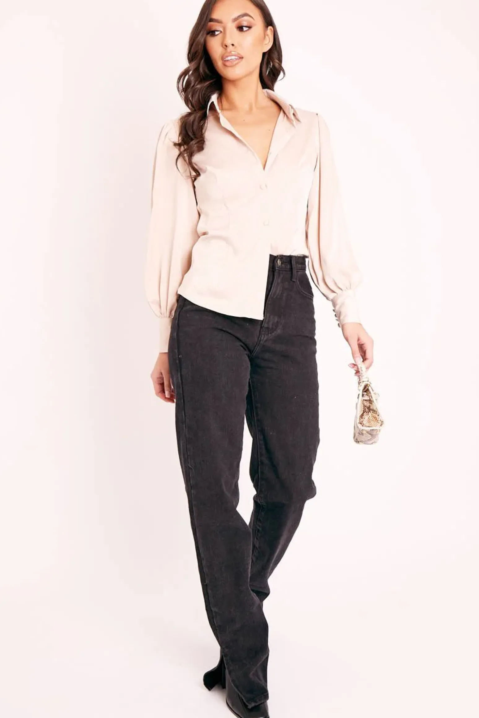 Rebellious Fashion Nude Satin Covered Button Shirt - Eliza