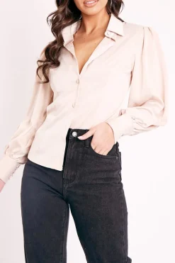 Rebellious Fashion Nude Satin Covered Button Shirt - Eliza