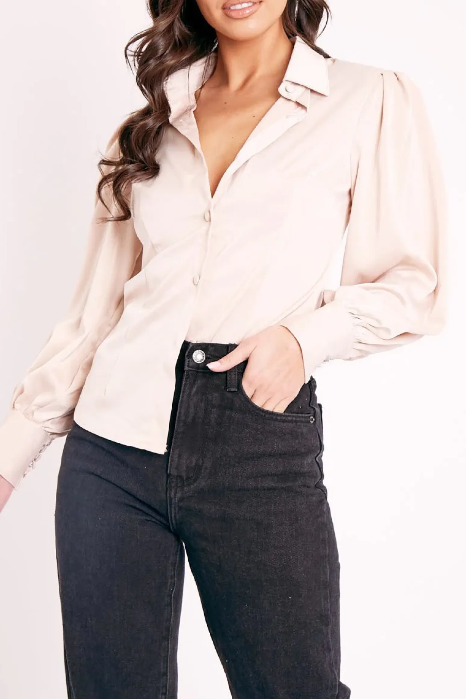 Rebellious Fashion Nude Satin Covered Button Shirt - Eliza