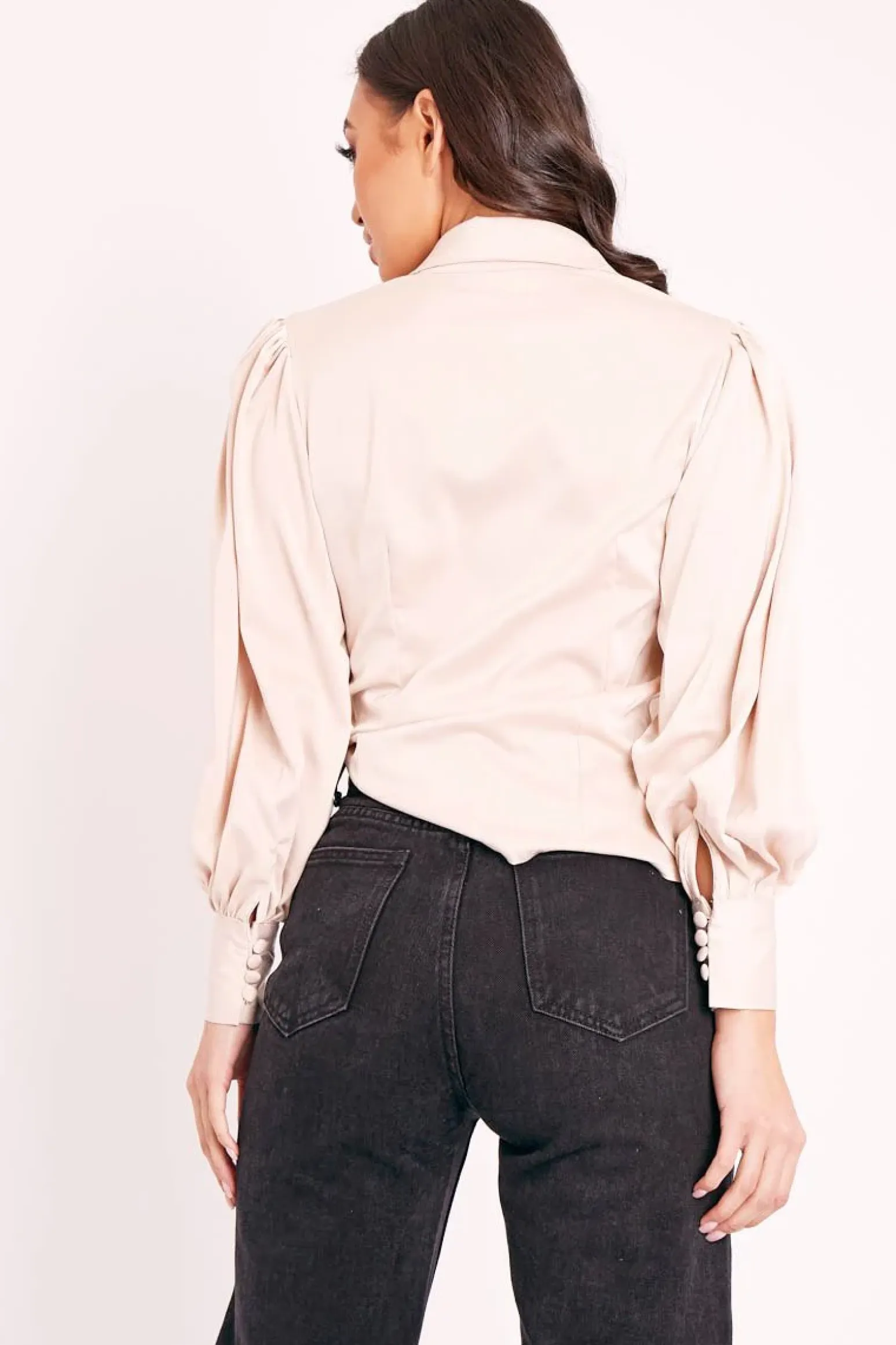 Rebellious Fashion Nude Satin Covered Button Shirt - Eliza