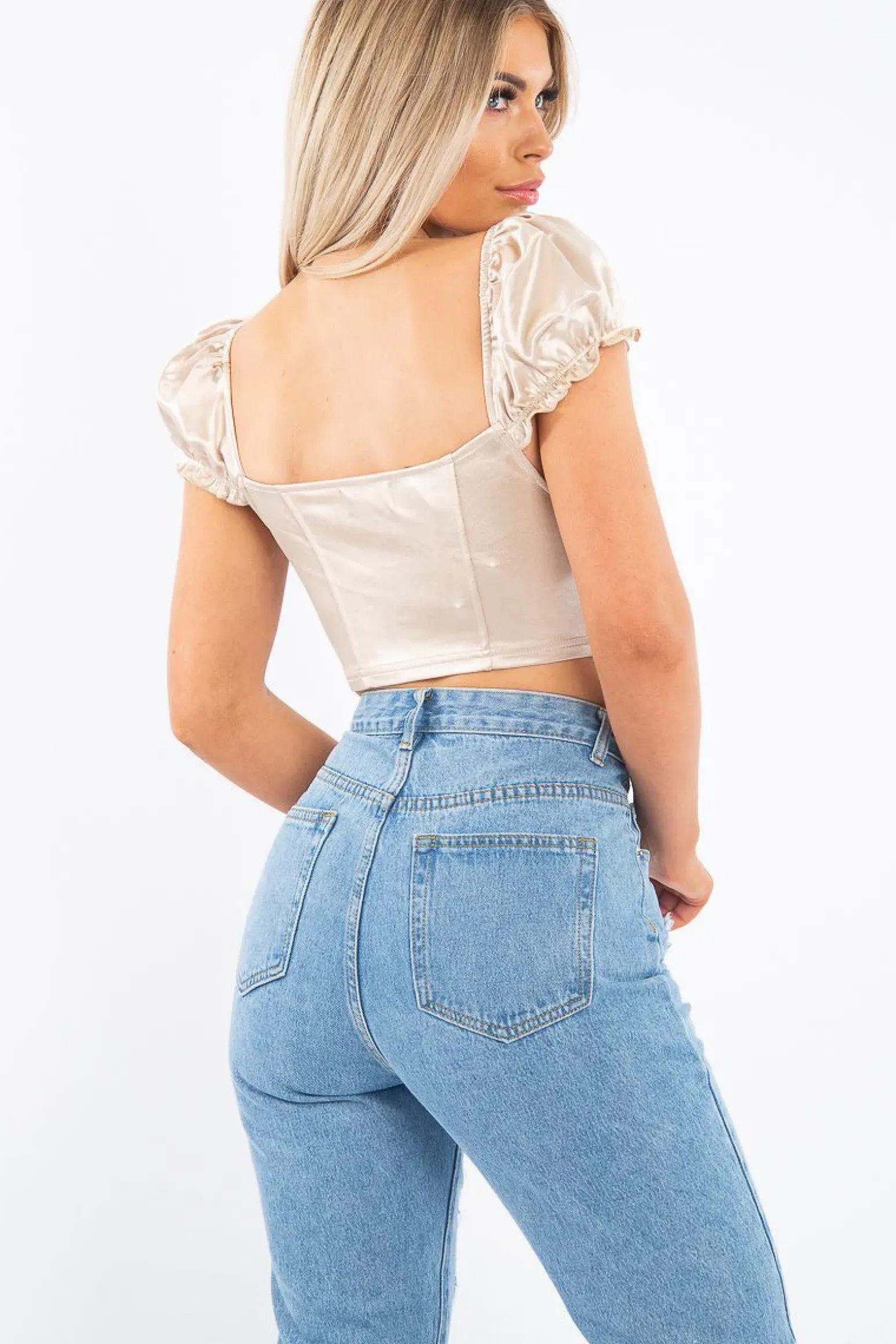 Rebellious Fashion Nude Satin Milkmaid Ring Zip Crop Top - Aariel