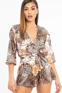 Rebellious Fashion Nude Satin Mix Print Plunge Belted Playsuit - Violet