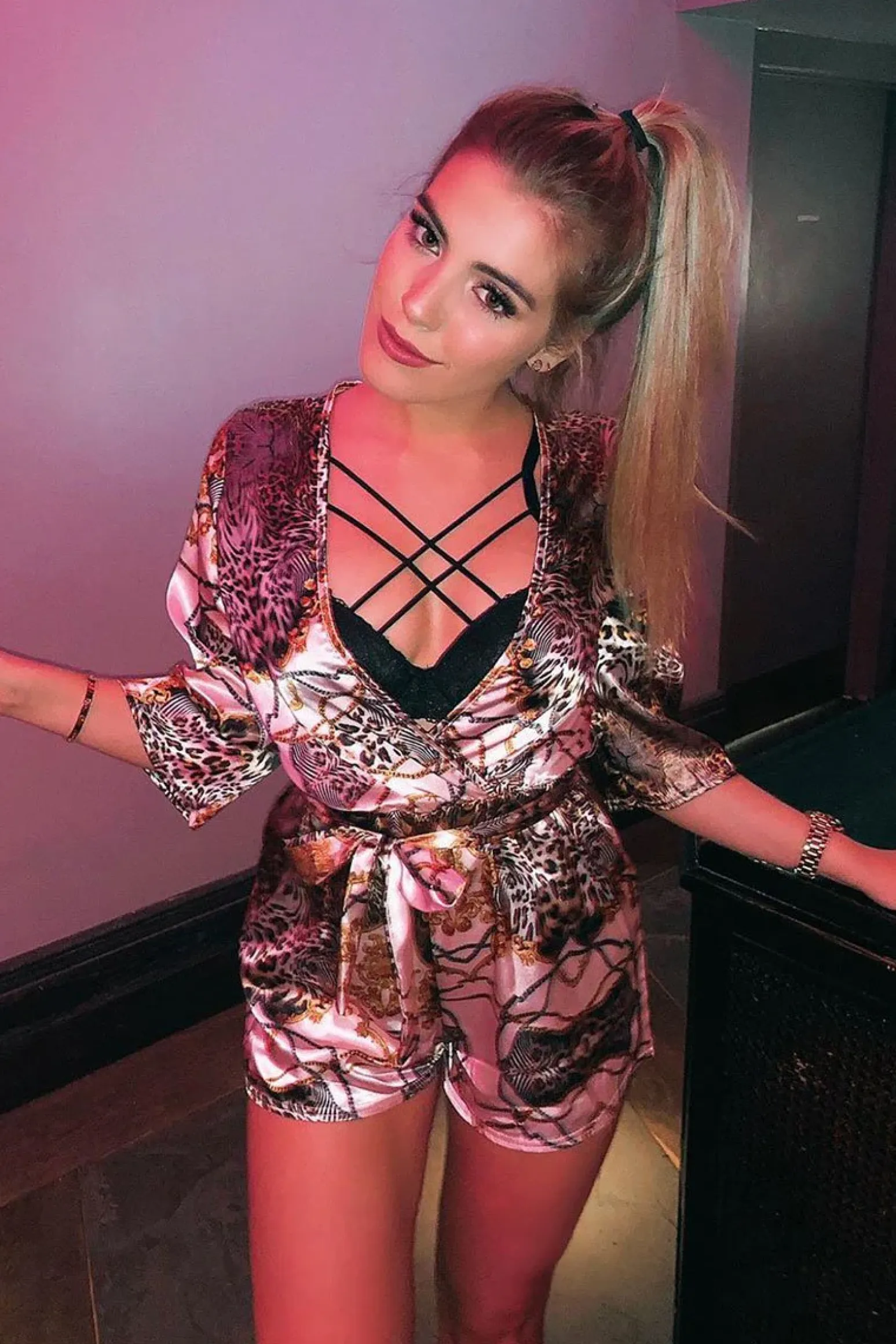 Rebellious Fashion Nude Satin Mix Print Plunge Belted Playsuit - Violet