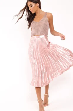 Rebellious Fashion Nude Satin Pleated Midi Skirt - Kelyn