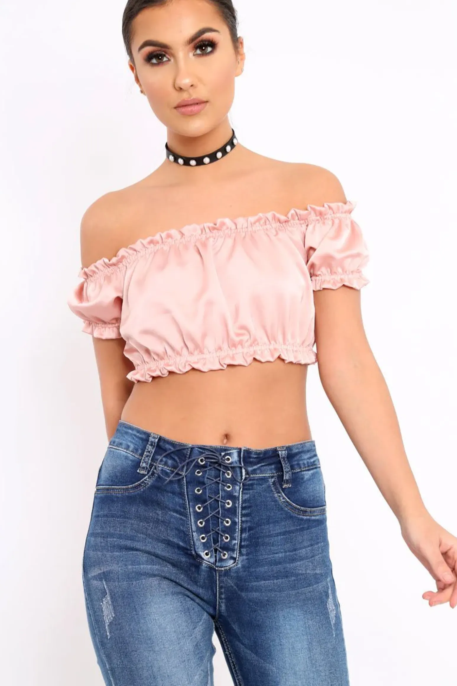 Rebellious Fashion Nude Satin Ruched Bardot Gypsy Crop Top - Becky