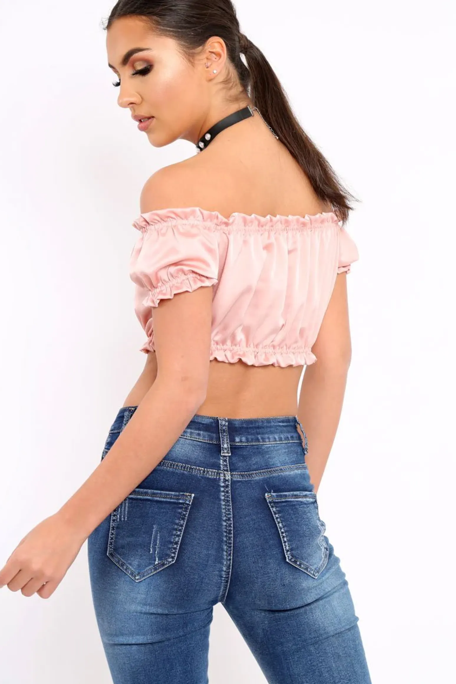 Rebellious Fashion Nude Satin Ruched Bardot Gypsy Crop Top - Becky