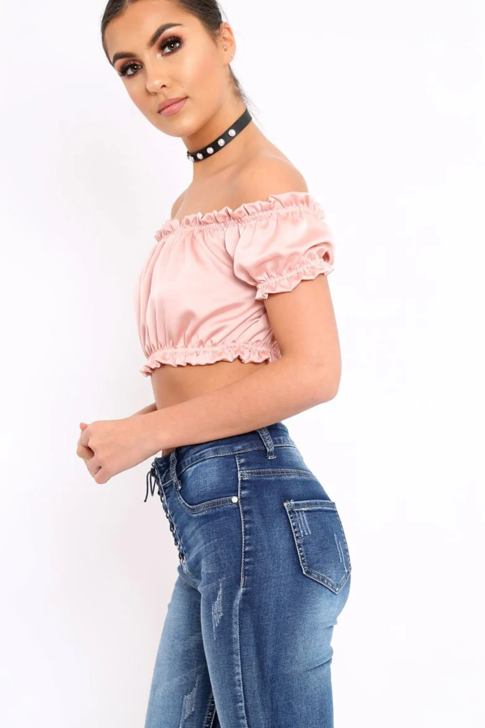 Rebellious Fashion Nude Satin Ruched Bardot Gypsy Crop Top - Becky