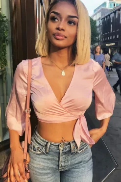 Rebellious Fashion Nude Satin Tie Crop Top - Alara