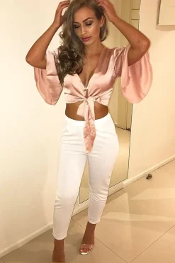 Rebellious Fashion Nude Satin Tie Crop Top - Alara