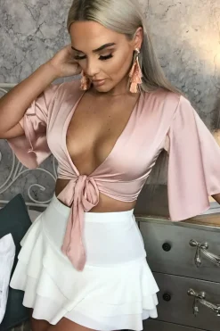Rebellious Fashion Nude Satin Tie Crop Top - Alara