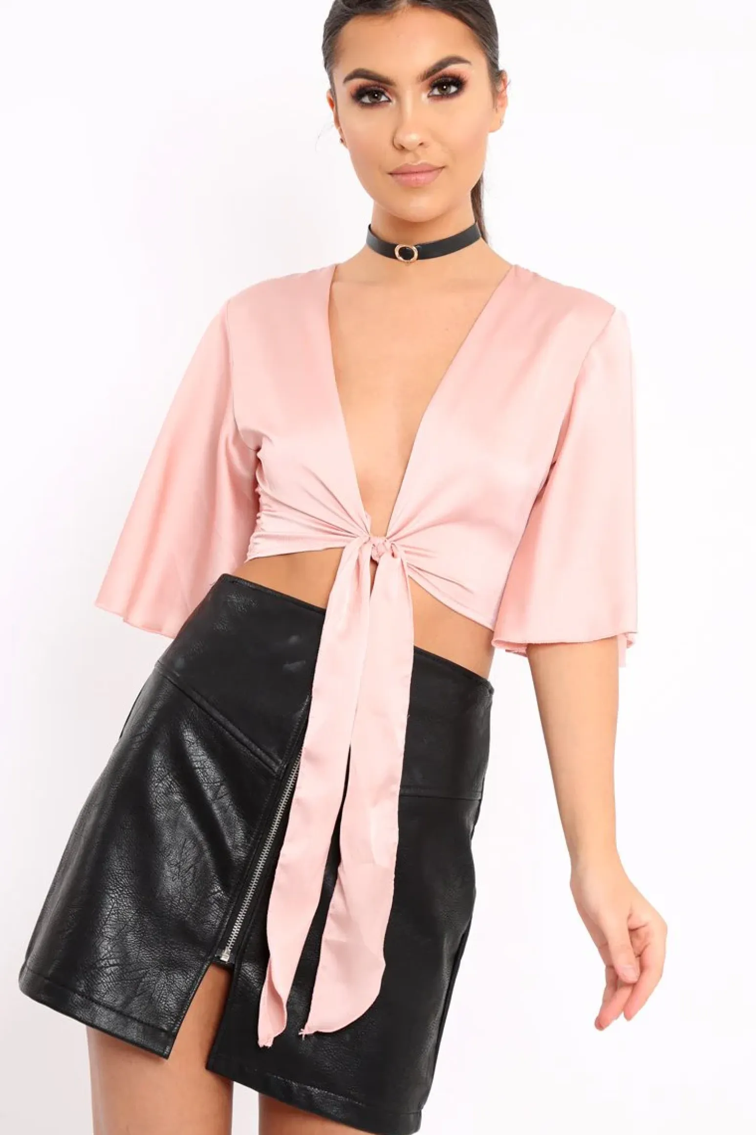 Rebellious Fashion Nude Satin Tie Crop Top - Alara