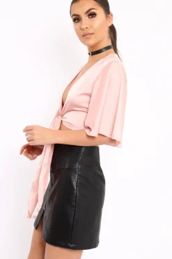 Rebellious Fashion Nude Satin Tie Crop Top - Alara