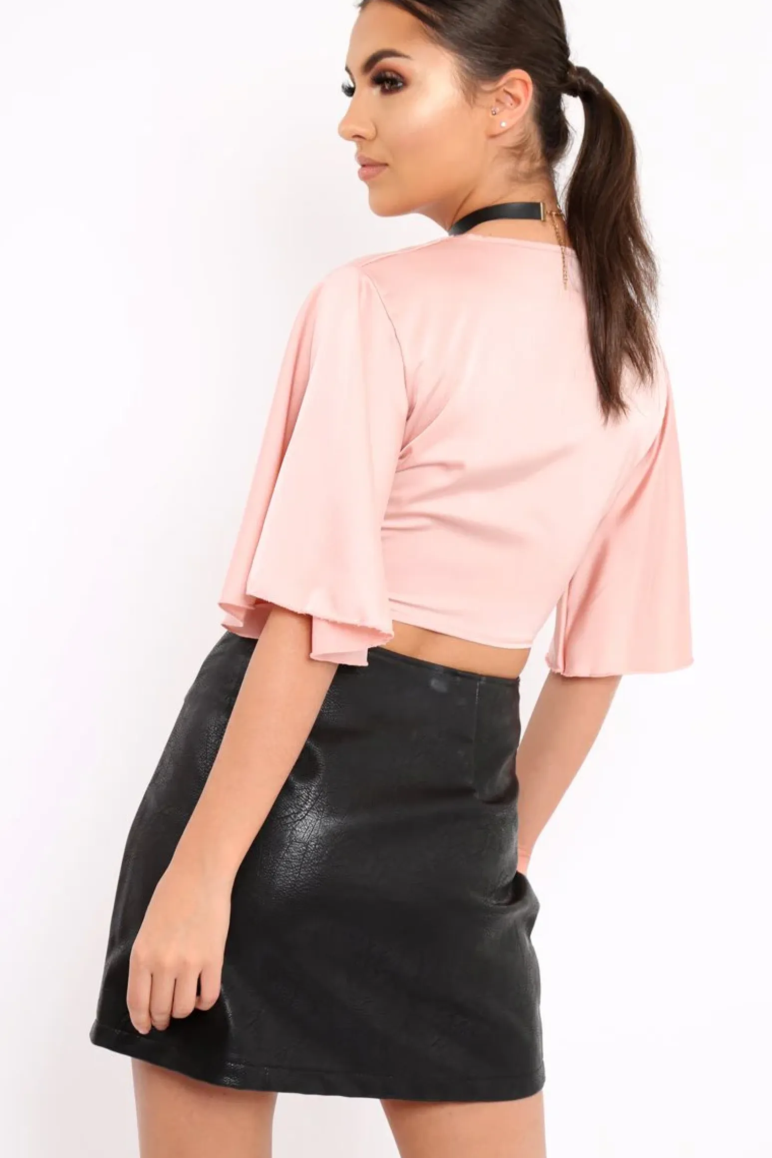 Rebellious Fashion Nude Satin Tie Crop Top - Alara