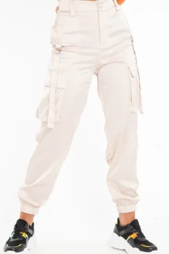 Rebellious Fashion Nude Satin Utility Pocket Cuffed Hem Trousers - Delilah