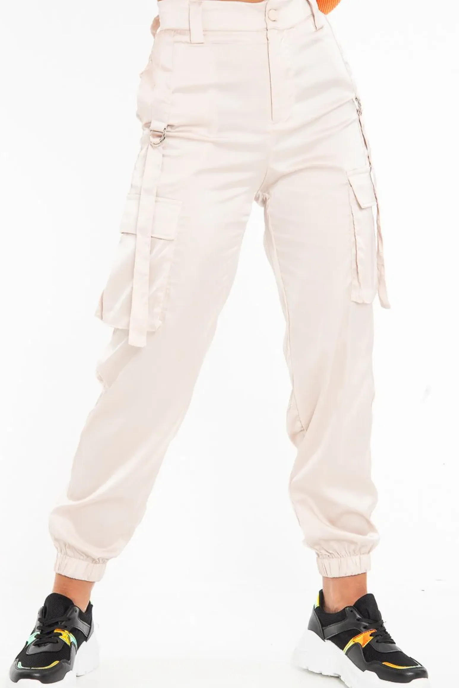 Rebellious Fashion Nude Satin Utility Pocket Cuffed Hem Trousers - Delilah