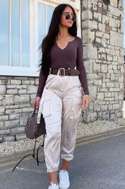 Rebellious Fashion Nude Satin Utility Pocket Cuffed Hem Trousers - Delilah