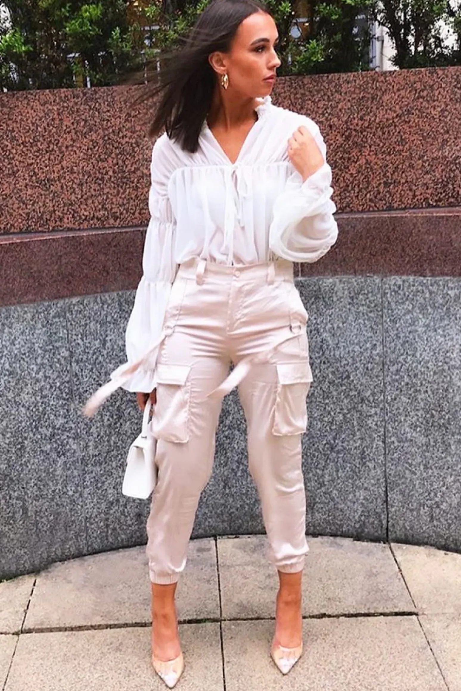 Rebellious Fashion Nude Satin Utility Pocket Cuffed Hem Trousers - Delilah