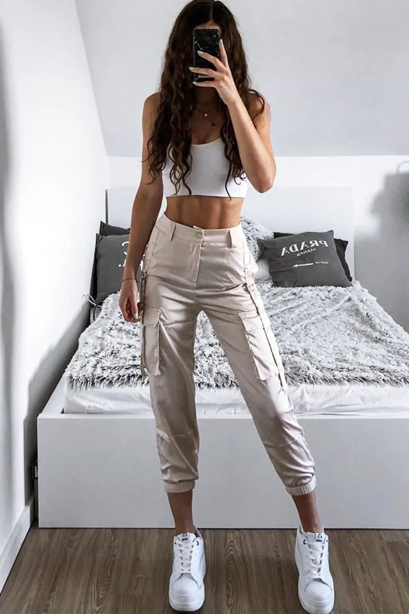 Rebellious Fashion Nude Satin Utility Pocket Cuffed Hem Trousers - Delilah