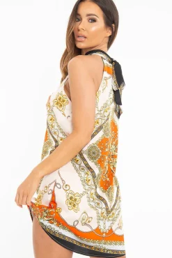 Rebellious Fashion Nude Scarf Print Sleeveless Tie Back Swing Dress - Jessey