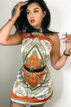Rebellious Fashion Nude Scarf Print Sleeveless Tie Back Swing Dress - Jessey