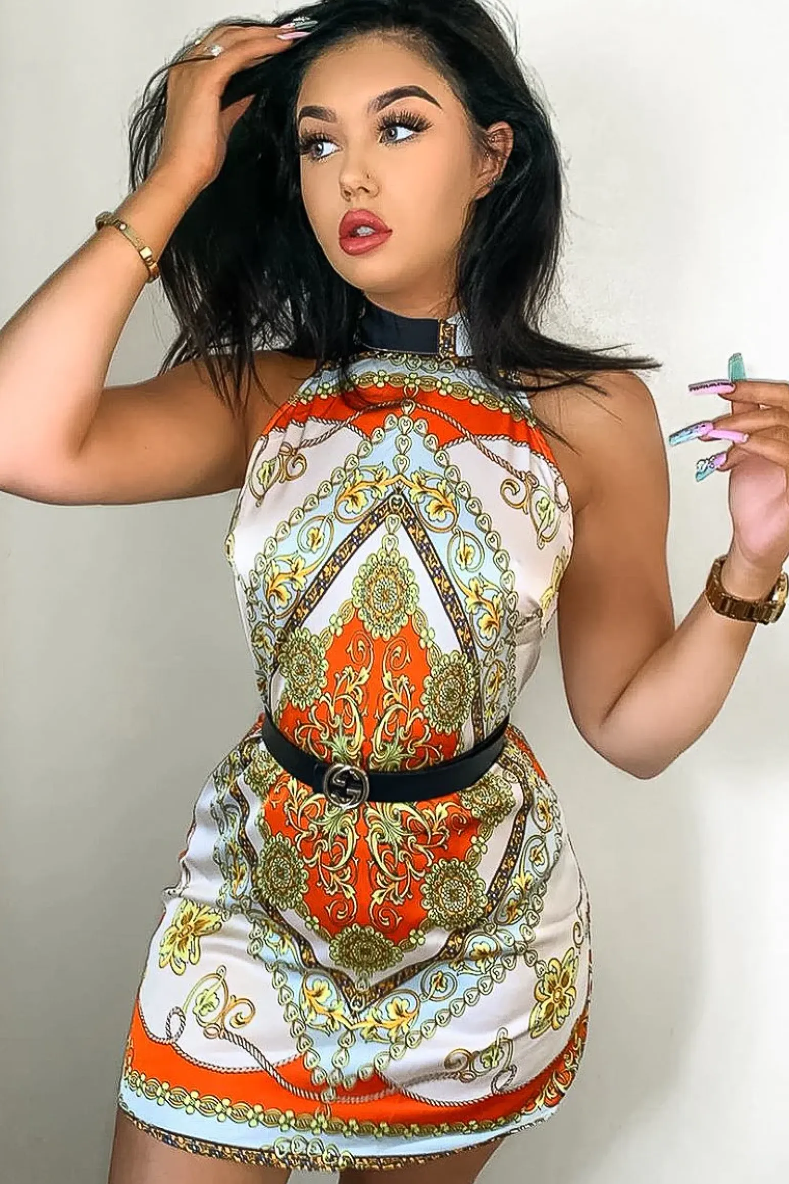 Rebellious Fashion Nude Scarf Print Sleeveless Tie Back Swing Dress - Jessey