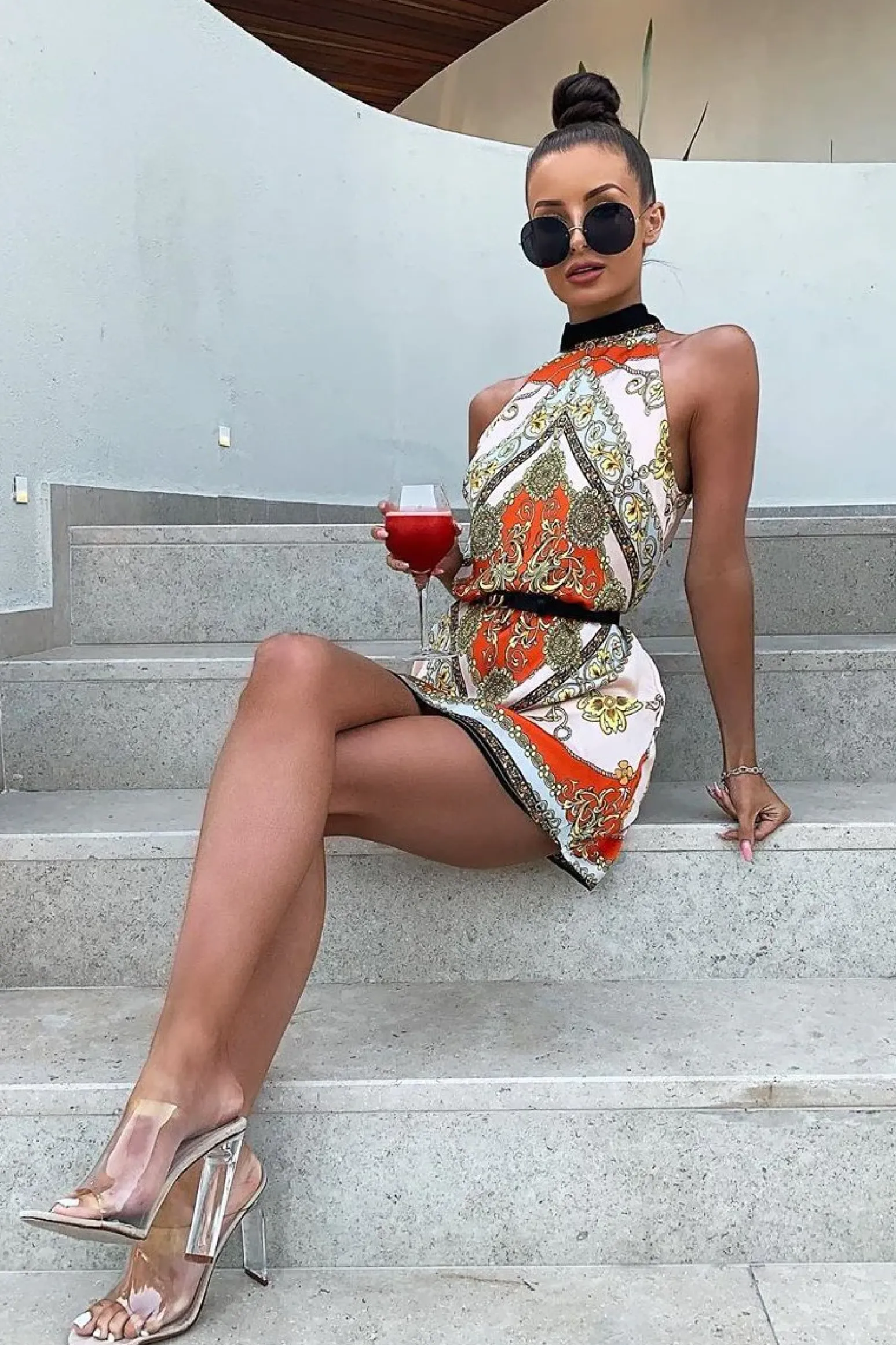 Rebellious Fashion Nude Scarf Print Sleeveless Tie Back Swing Dress - Jessey